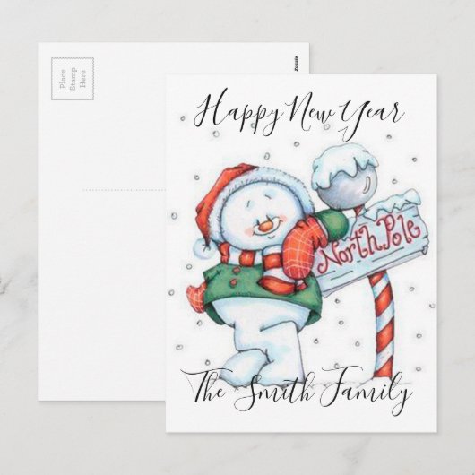 Gelukkig Nieuwjaar Schattige Sneeuwman Feestdagenkaart (Voorkant / Achterkant)