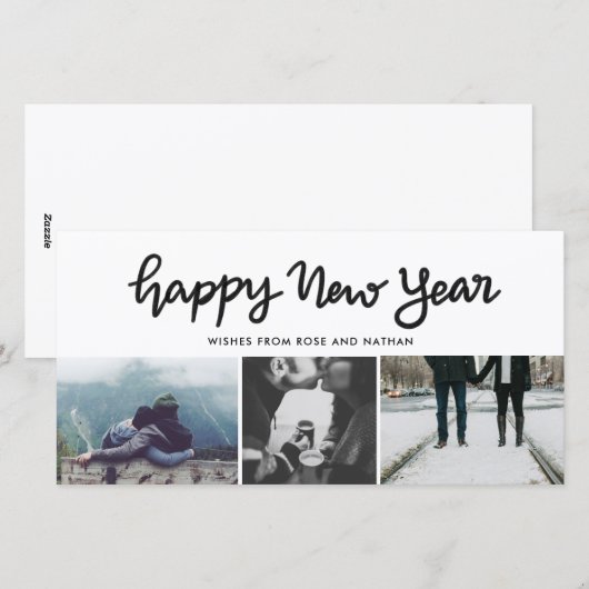 Gelukkig Nieuwjaar Script Drie Foto Collage Modern Feestdagenkaart (Voorkant / Achterkant)