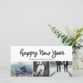 Gelukkig Nieuwjaar Script Drie Foto Collage Modern Feestdagenkaart (Staand voorkant)