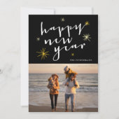 Gelukkig Nieuwjaar Script Gold Starburst Photo Hol Feestdagenkaart (Voorkant)