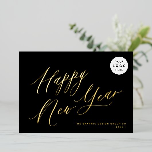 Gelukkig Nieuwjaar script je LOGO 2026 zwart goud Folie Feestdagenkaart (Staand Voorkant)
