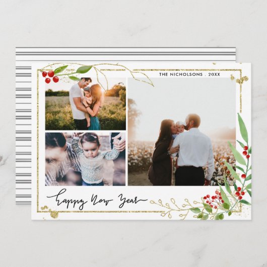 Gelukkig nieuwjaar | Script Red Berry Multi Photo Feestdagenkaart (Voorkant / Achterkant)