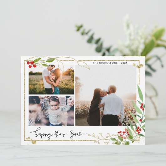 Gelukkig nieuwjaar | Script Red Berry Multi Photo Feestdagenkaart (Staand voorkant)