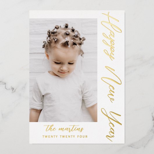 Gelukkig Nieuwjaar Script Twee Foto Folie Feestdagenkaart (Voorkant)