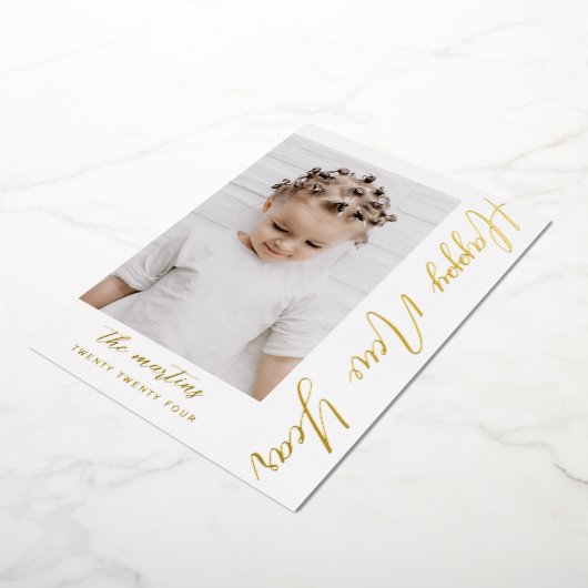 Gelukkig Nieuwjaar Script Twee Foto Folie Feestdagenkaart (Gedraaid)