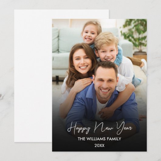 Gelukkig Nieuwjaar Script Zwart Collage Multi-Foto Feestdagenkaart (Voorkant / Achterkant)
