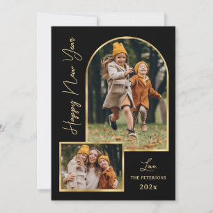 Gelukkig Nieuwjaar Script Zwart Goud Boog 3 Foto Feestdagenkaart