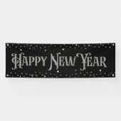 Gelukkig Nieuwjaar Sterren Zilver en Zwart Spandoek (Horizontaal)