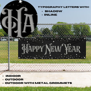 Gelukkig Nieuwjaar Sterren Zilver en Zwart Spandoek