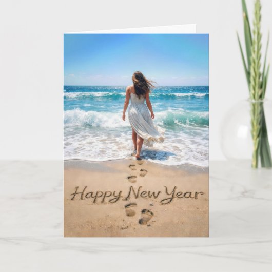 Gelukkig Nieuwjaar Tekst met Strandwandelaar Kaart (Voorkant)