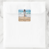 Gelukkig Nieuwjaar Tekst met Strandwandelaar Vierkante Sticker (Tas)