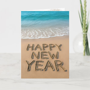 Gelukkig Nieuwjaar Tekst op een Tropisch Strand Kaart