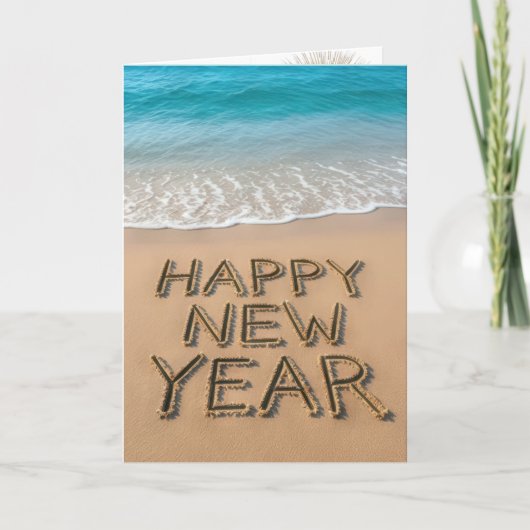 Gelukkig Nieuwjaar Tekst op een Tropisch Strand Kaart (Voorkant)