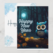 Gelukkig Nieuwjaar Uilen Perched op Branch Cartoon Feestdagenkaart (Voorkant / Achterkant)