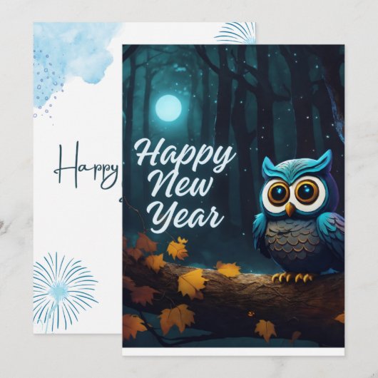 Gelukkig Nieuwjaar Uilen Perched op Branch Cartoon Feestdagenkaart (Voorkant / Achterkant)