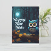 Gelukkig Nieuwjaar Uilen Perched op Branch Cartoon Feestdagenkaart (Staand voorkant)