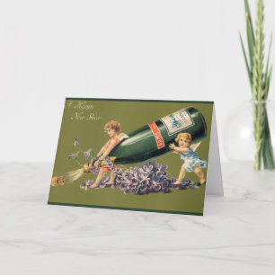 Gelukkig Nieuwjaar, Vintage engelen met champagne Feestdagen Kaart