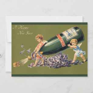 Gelukkig nieuwjaar, vintage engelen met champagne kaart