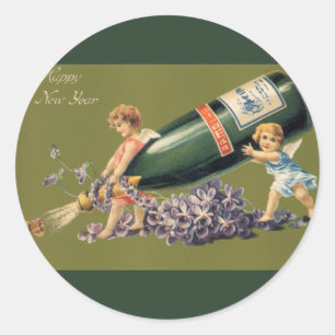 Gelukkig Nieuwjaar, Vintage engelen met champagne Ronde Sticker