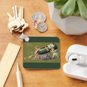 Gelukkig Nieuwjaar, Vintage Engelen met Champagne Sleutelhanger