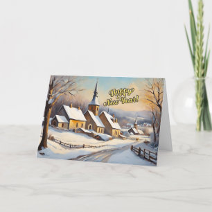 Gelukkig Nieuwjaar Vintage Winterkerk  Feestdagen Kaart