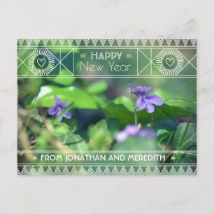 Gelukkig Nieuwjaar Violet Groen Paarse Bloem Art D Briefkaart