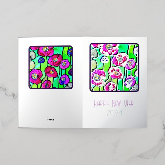Gelukkig Nieuwjaar - vlekkenglas anemonen - 2024 Folie Wenskaart (Buiten Laag)