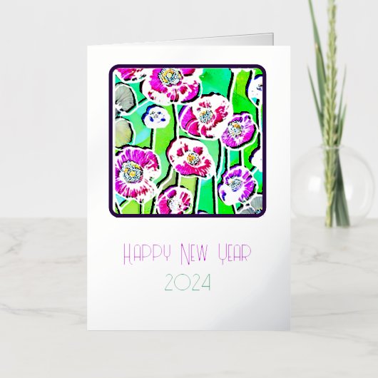 Gelukkig Nieuwjaar - vlekkenglas anemonen - 2024 Folie Wenskaart (Voorkant)