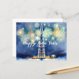 Gelukkig nieuwjaar vuurwerk boven de skyline van D Briefkaart