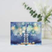 Gelukkig nieuwjaar vuurwerk boven de skyline van D Briefkaart (Staand voorkant)