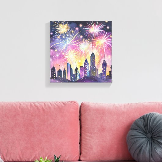 Gelukkig nieuwjaar | Vuurwerk City Night Waterverf Canvas Afdruk (Insitu (Woonkamer))
