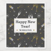 Gelukkig Nieuwjaar Vuurwerk en Champagne zwart gou Wijn Etiket (Enkel label)