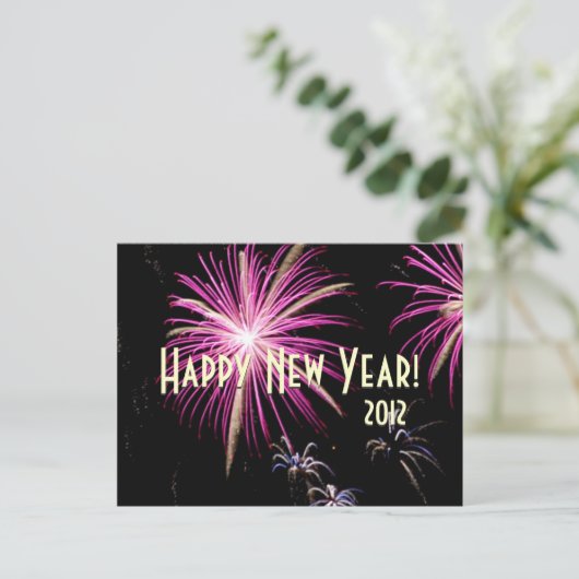Gelukkig Nieuwjaar Vuurwerk Paarse Kalender Briefk Feestdagenkaart (Staand voorkant)