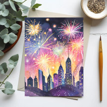Gelukkig Nieuwjaar | Vuurwerk Stad Nacht Aquarel