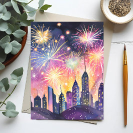 Gelukkig Nieuwjaar | Vuurwerk Stad Nacht Aquarel Briefkaart