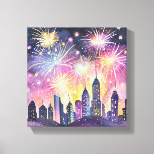 Gelukkig Nieuwjaar Vuurwerk Stad Nacht Aquarel Canvas Afdruk