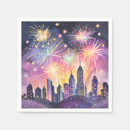 Gelukkig Nieuwjaar | Vuurwerk Stadsnacht Aquarel Servet