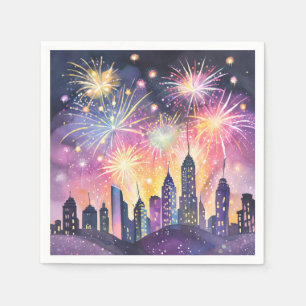 Gelukkig Nieuwjaar Vuurwerk Stadsnacht Aquarel Servet