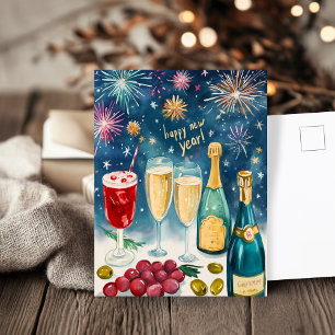 GELUKKIG NIEUWJAAR Waterverf Bubbly Vuurwerk Feestdagenkaart