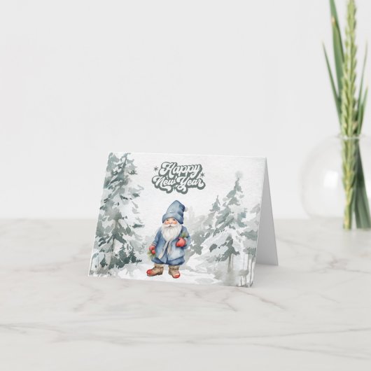 Gelukkig Nieuwjaar Waterverf Gnome in het bos Kaart (Voorkant)