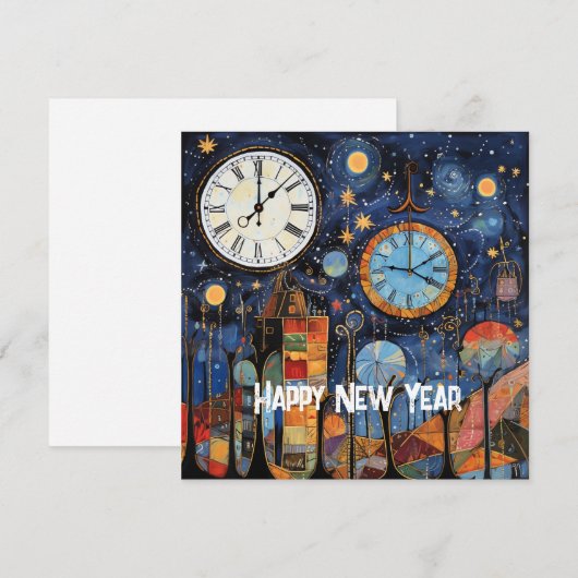 Gelukkig Nieuwjaar Whimsical Illustratie Feestdagenkaart (Voorkant / Achterkant)