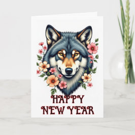 Gelukkig Nieuwjaar Wolf Bloemige Gevouwen Vakantie Feestdagen Kaart