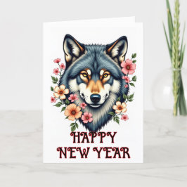 Gelukkig Nieuwjaar Wolf Bloemige Gevouwen Vakantie Feestdagen Kaart