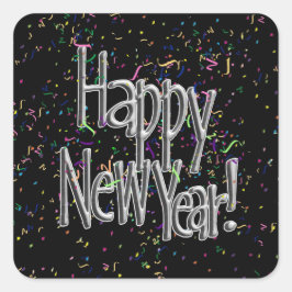 Gelukkig nieuwjaar - Zilvertekst met zwarte Confet Ronde Sticker