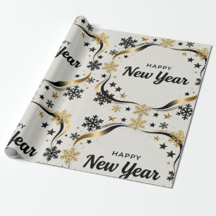 Gelukkig Nieuwjaar Zwart en Goud Sneeuwvlok Cadeaupapier