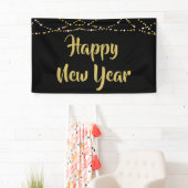 GELUKKIG NIEUWJAAR Zwart en Goud String Lights Spandoek (Insitu)