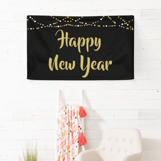 GELUKKIG NIEUWJAAR Zwart en Goud String Lights Spandoek (Insitu)