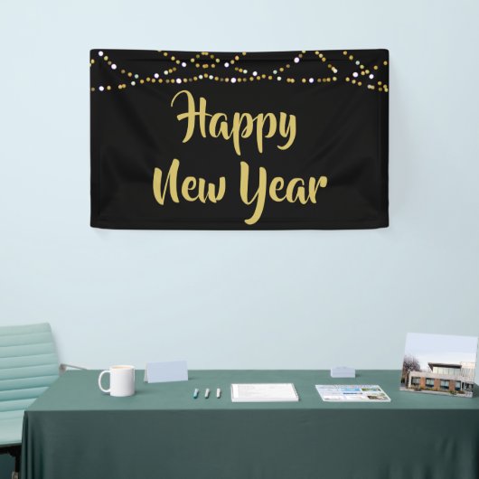 GELUKKIG NIEUWJAAR Zwart en Goud String Lights Spandoek (Beurs)