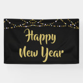 GELUKKIG NIEUWJAAR Zwart en Goud String Lights Spandoek (Horizontaal)