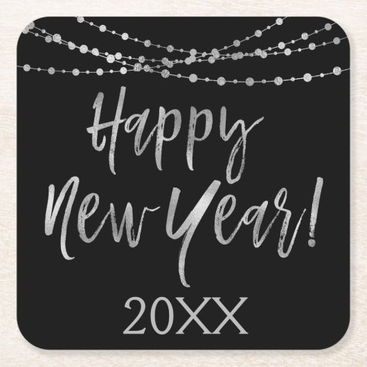 Gelukkig Nieuwjaar Zwart en Zilveren Folie String  Kartonnen Onderzetters (Voorkant)